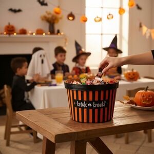 IQ Accessories Treat Bucket Kids OS Orange Brand New Halloween Striped Canvas